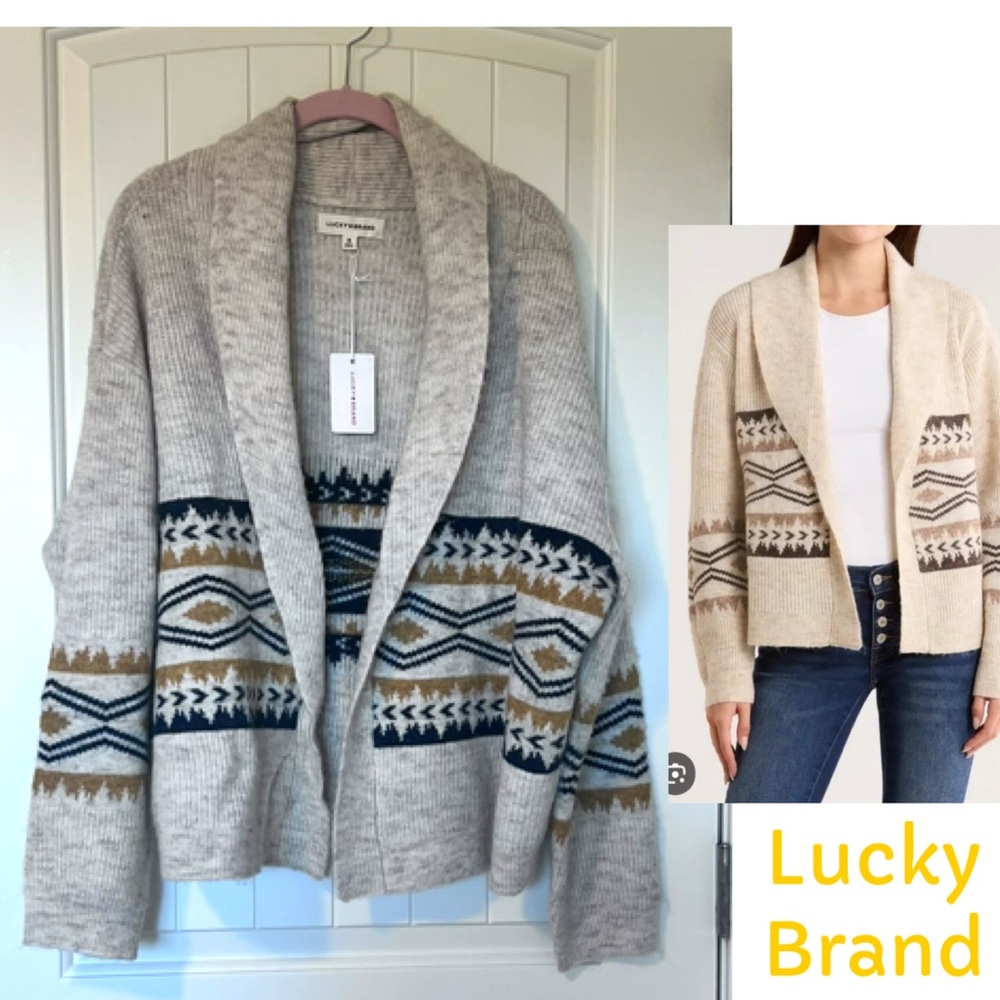 NWT Lucky Brand Shawl Collar Open Cardigan Sz XL Aztec Southwest Navy Gold Cream
